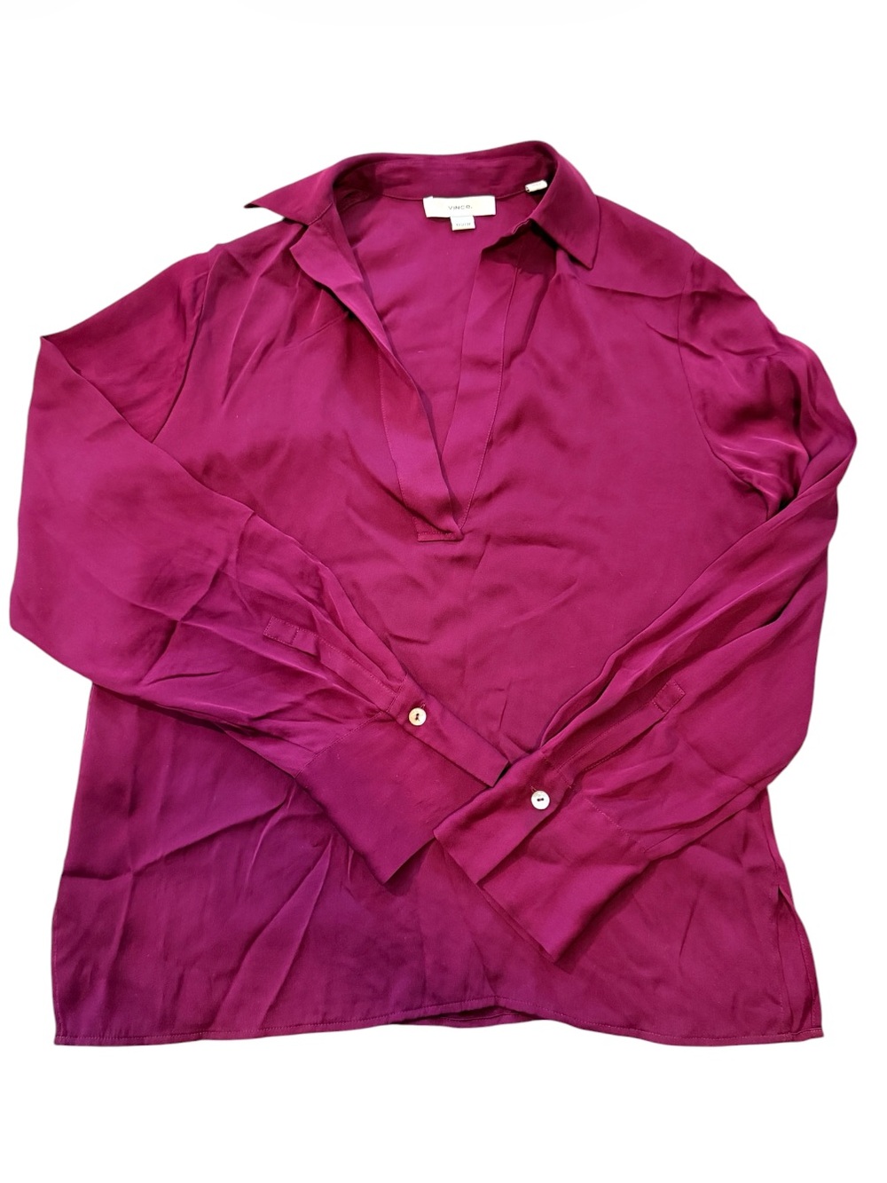 Wine Silk blend V-Neck Collared Women's Blouse